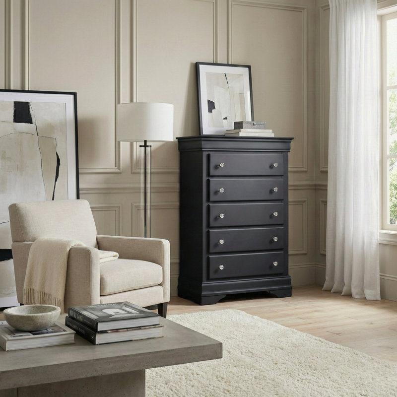 Commode 5 tiroirs en bois massif Barvelle, Noir