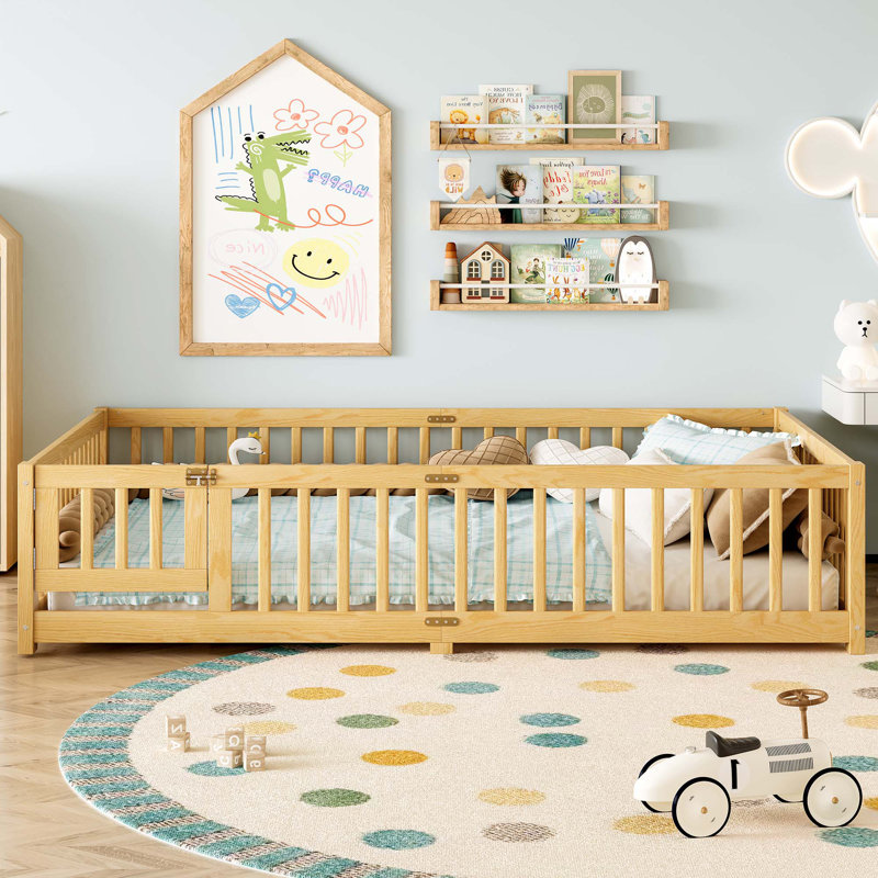Lit sur pied avec garde-corps et porte pour enfants, Grand lit, Naturel