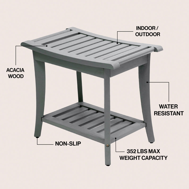 Tucker Modern 22" Gray Acacia Wood Shower Bench with Storage Shelf, Water-Resistant 2-Tier Spa Bath Stool for Bathroom and Outdoor Use