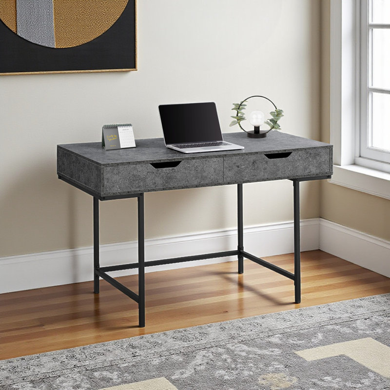 Bureau d'ordinateur à 2 tiroirs à finition grise avec pieds en métal noir H 29,82 po x l 46,99 po x P 23,64 po Leonice