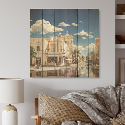Vintage Creamy Cityscape In Usa - City Architecture Wood Wall Art On Natural Pine Wood