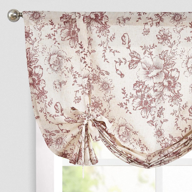 Floral Linen Tie Up Shade Valance, Red, 42" W x 45" L