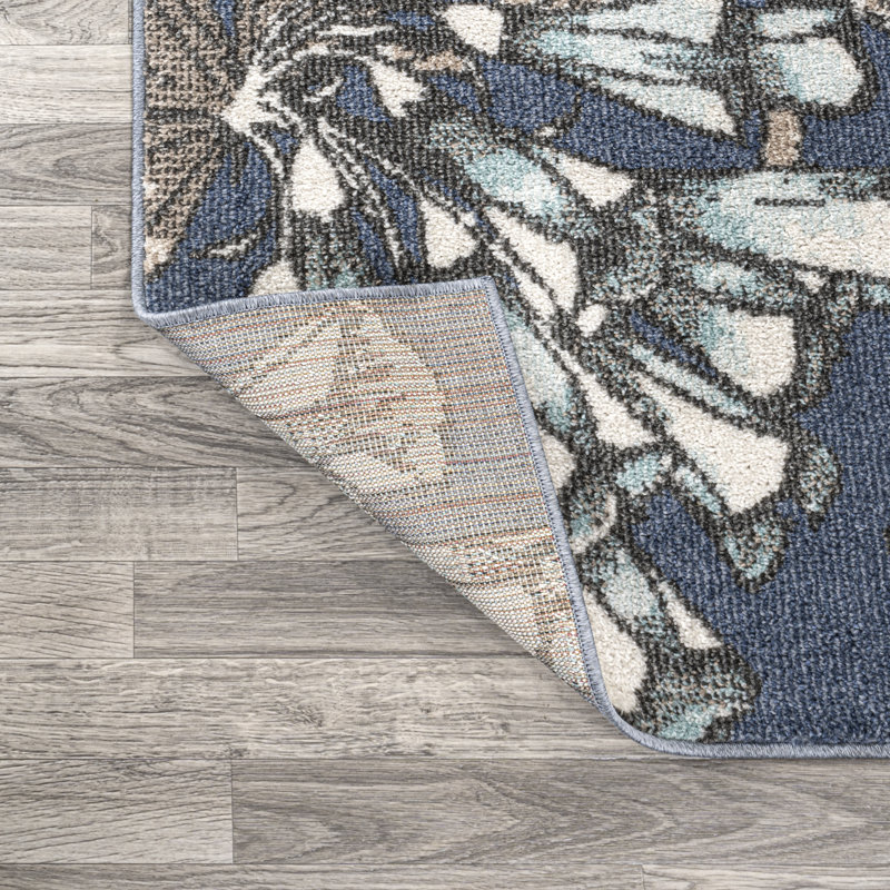 Jahnaya Modern Botanical Flower Blue/Orange/Cream Rug, Runner 2' x 8'