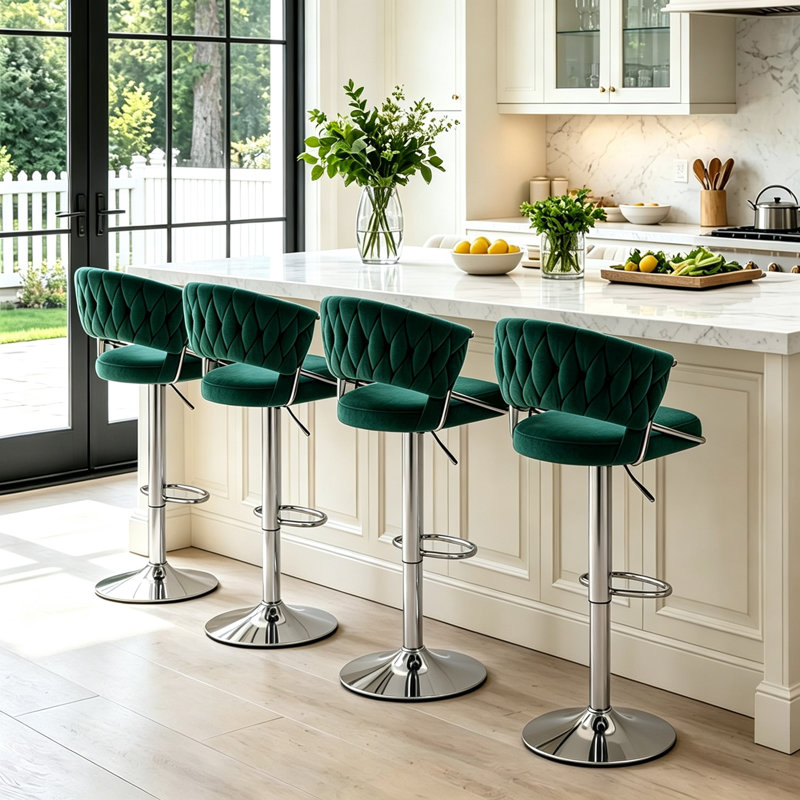 Christal Swivel Upholstered Adjustable Height Counter Stool, Dark Green, Silver