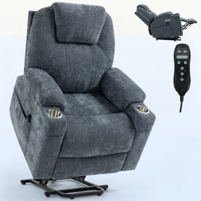 Up To 350 LBS Chenille Power Lift Recliner Chair, Heavy Duty Motion Mechanism With 8-Point Vibration Massage And Lumbar Heating, USB And Type-C Ports, Stainless Steel Cup Holders