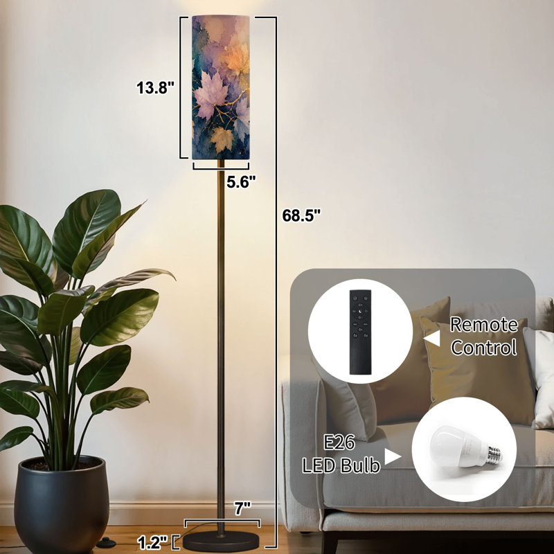 Lampe sur pied à feuilles d'érable aquarelle abstraite moderne à intensité variable avec télécommande et pédale, abat-jour, abat-jour, grand lampadaire pour le bureau de la chambre à coucher