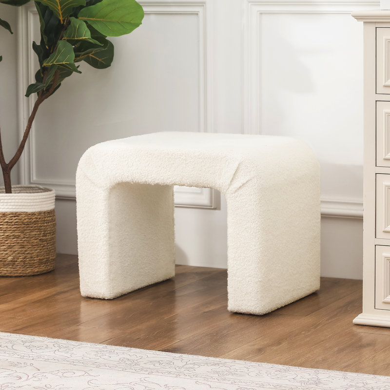 24 Inches Upholstered Waterfall Ottoman Footstool, Ivory Teddy