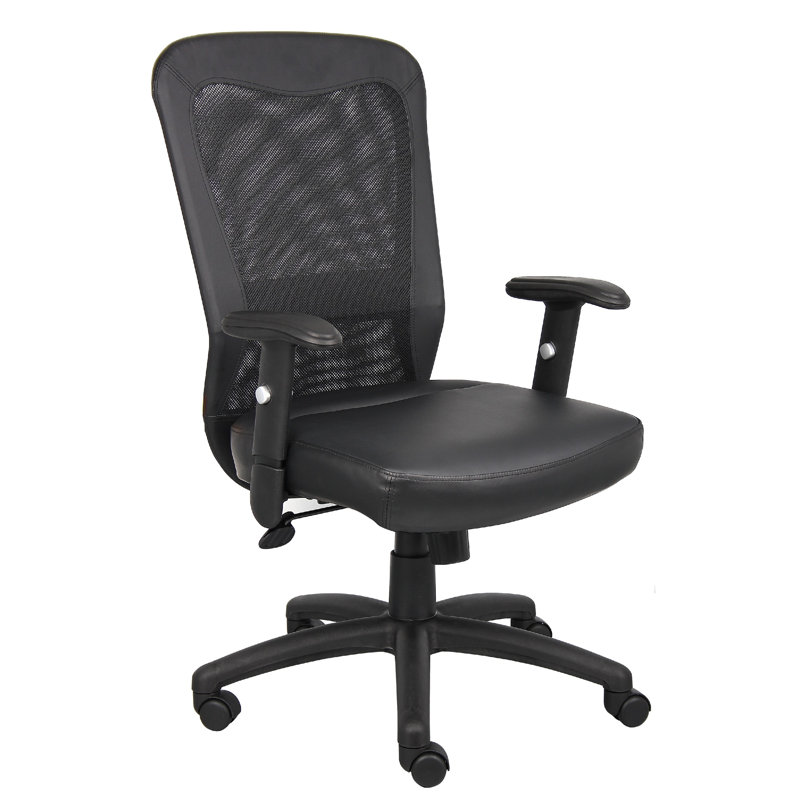 Rolling Task Chair, Black Leatherplus Mesh, Adjustable Arms, Swivel