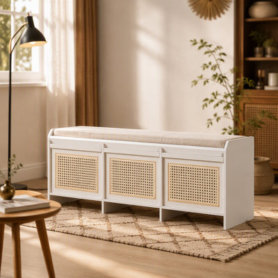 Banc de rangement pour chaussures 48 po, banc de rangement rétro avec tiroirs en rotin et coussin rembourré capitonné pour le salon, le couloir, le vestibule, l'escalier
