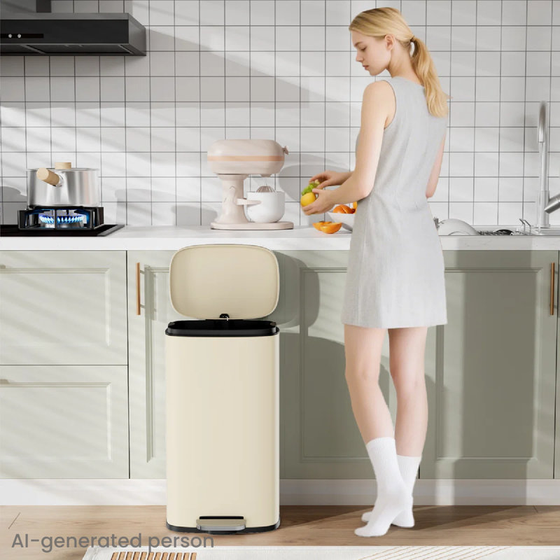 Poubelle, poubelle de cuisine en acier inoxydable, poubelle à marches avec couvercle à charnière et seau intérieur amovible, fermeture en douceur, poubelle pour salle de bain, salon, maison (beige, 8 gallons)