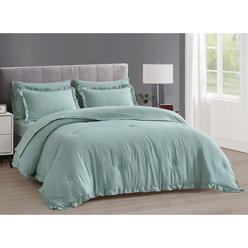 Ruffled Edge Microfiber Bed in a Bag Comforter Set, Aqua, King Comforter + 6 Additional Pieces