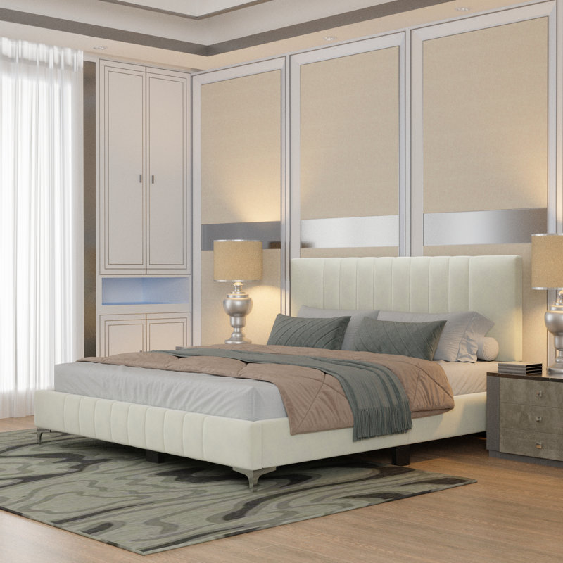 Jineane Upholstered Panel Bed, Queen, Cream/Silver
