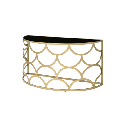 Console en or, plateau en verre trempé de 8 mm, base en métal, style demi-lune, capacité de poids de 70 lb, l 54 po x P 18 po, H 29 po, tabouret sans rangement, finition dorée, profondeur de 8 mm, profondeur