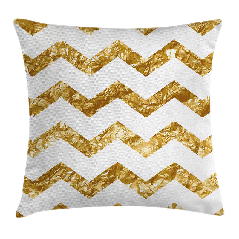 Gold and White Chevron Polyester Throw Pillow