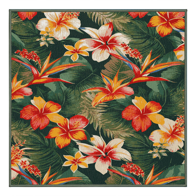  Washable Flower Sprays Hawaiian Area Rug, Carré 7 pi
