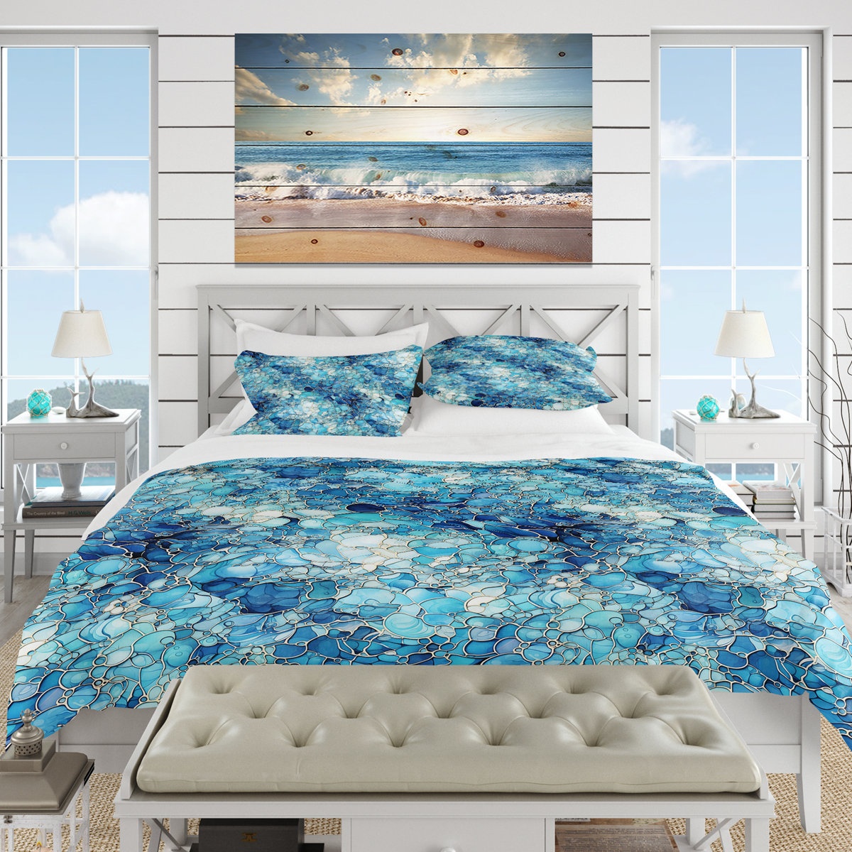 Coastal Duvet Cover Set, Ocean Blue Mosaic Pattern Bedding - Ocean Blue Mosaic Turquoise