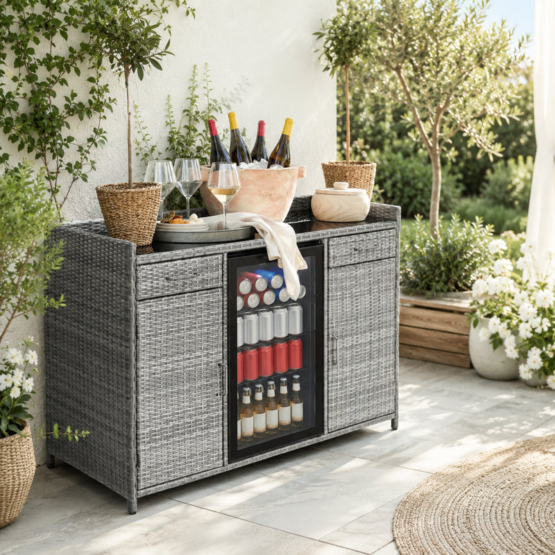 Buffet et console d'extérieur en osier résistant aux intempéries de 53,5 po avec espace pour réfrigérateur et tablettes réglables