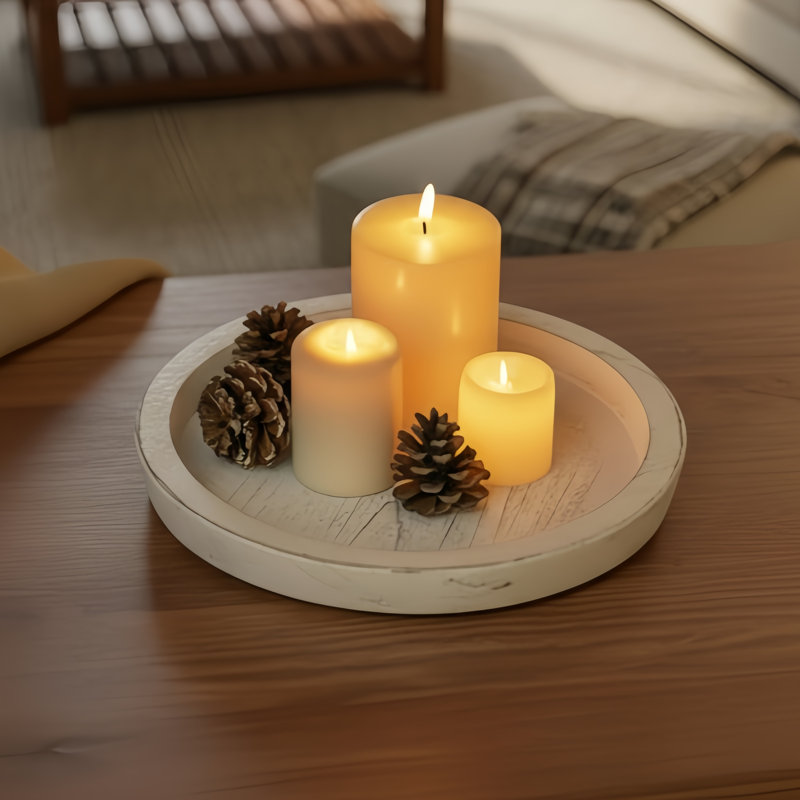 Round White Wooden Decorative Tray, Farmhouse-Style Candle Holder Tray, Suitable For Pillar Candles, Home & Kitchen Decor, Countertop & Dining Table Centerpiece