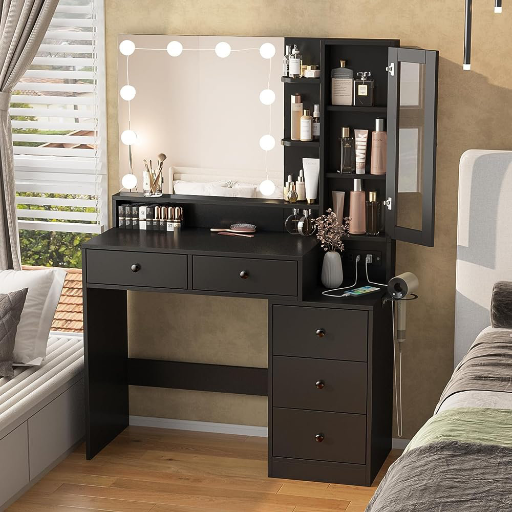 Latitude Run Makeup Vanity Table Set, Large Vanity with LED Lighted Mirror & Power Outlet, Double Sliding Door Vanity Desk, 4 Drawers & Multiple-Tier