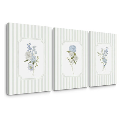 Blue Hydrangea Wall Art Floral Canvas Prints Striped Wall Decor Botanical Pictures Chinoiserie Flower Painting Watercolor Poster Wildflower Artwork For Living Room Ready To Hang