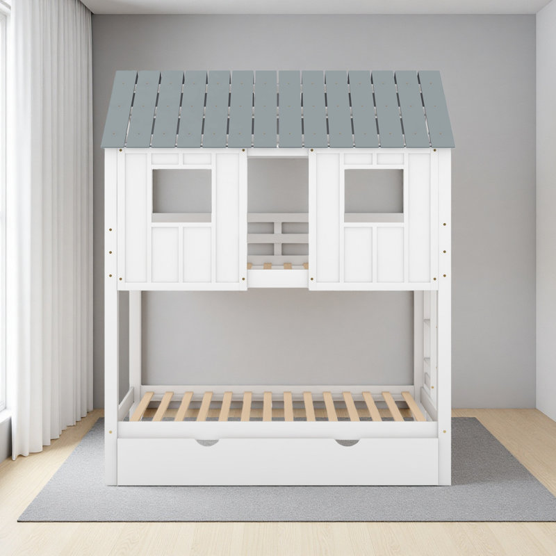 Twin Size House Bunk Bed With Trundle,Roof And Windows