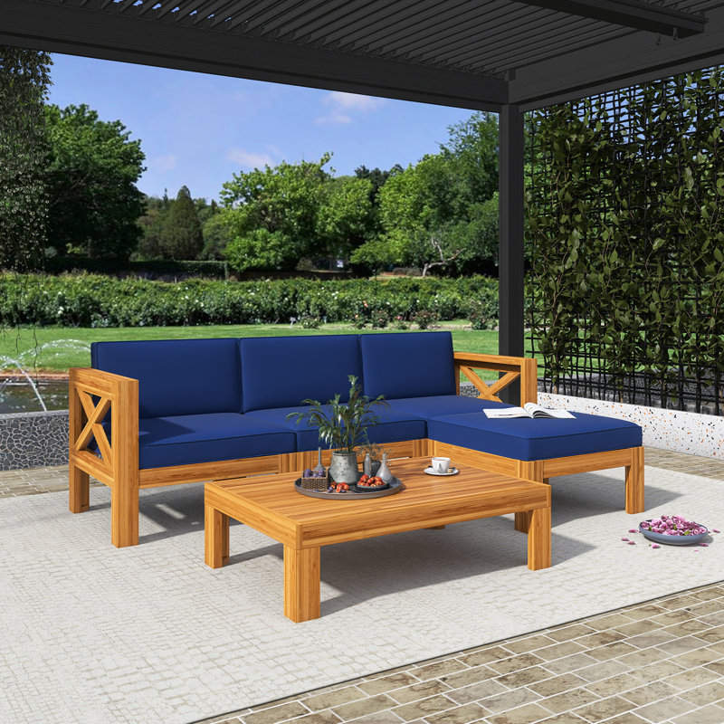 5-Piece Outdoor Patio Wood Sectional Sofa Seating Group, Blue
