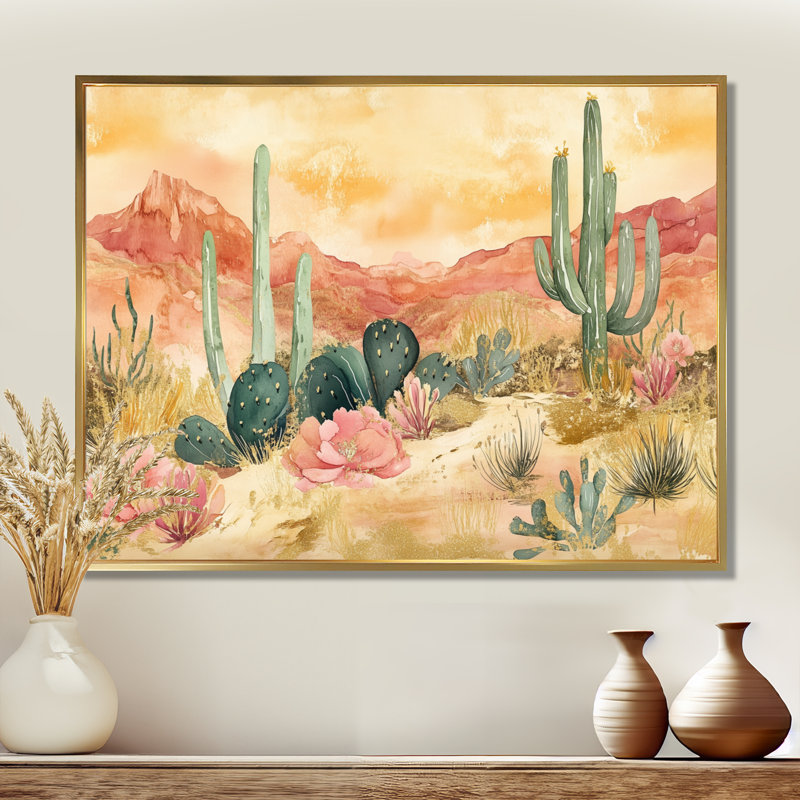«Desert Bloom Awakening - Southwestern Landscape», art mural encadré, H 12 po x l 20 po, Gold Floater Framed