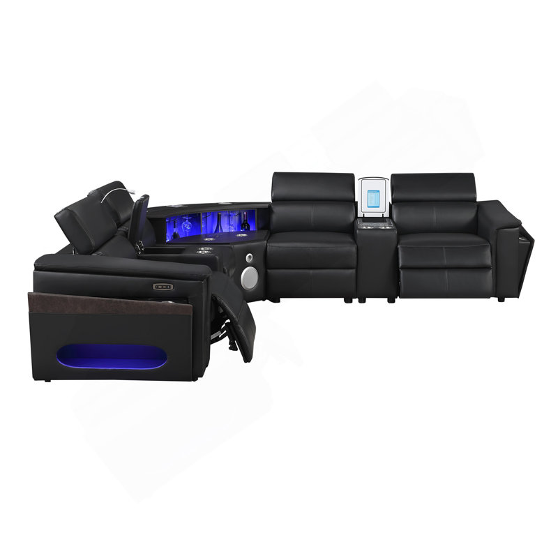 Canapé modulaire Nova avec 2 consoles (lampe de lecture + réfrigérateur), coin avec haut-parleur Bluetooth, DEL et armoire à vin relevable - noir