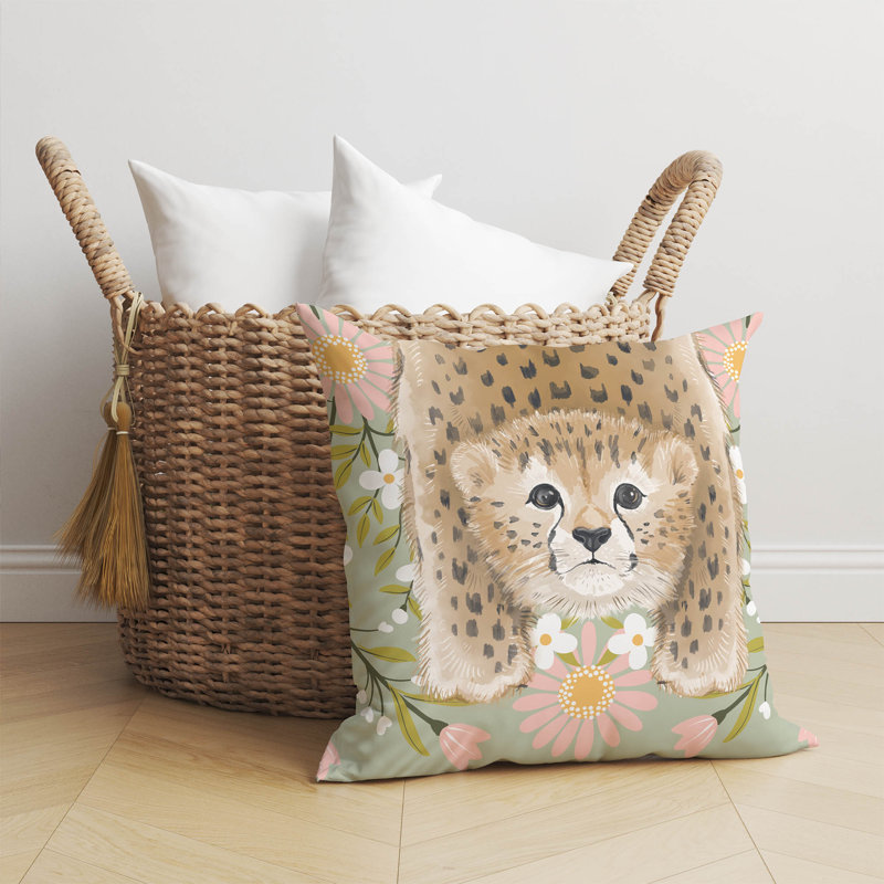 Lil Lying Leopard Flowers Sage Pillow, 16" H x 16" W