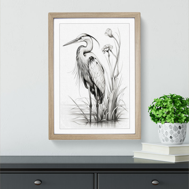 Heron Line - Single Picture Frame Print on Wood, Oak, 46cm H x 34cm W x 2cm D