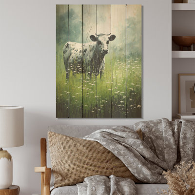 Cow In Verdant Pastures I - Cow Wood Wall Art On Natural Pine Wood