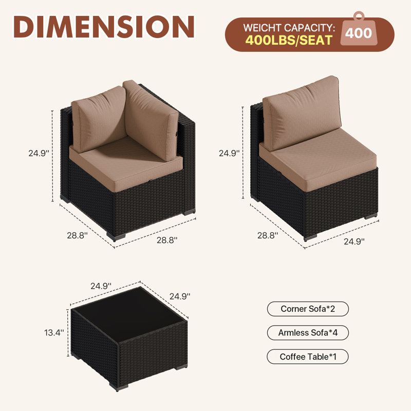 Ensemble de conversation modulaire en osier de rotin 7 pièces avec coussins 7 pièces, Beige Cushion/Black Frame