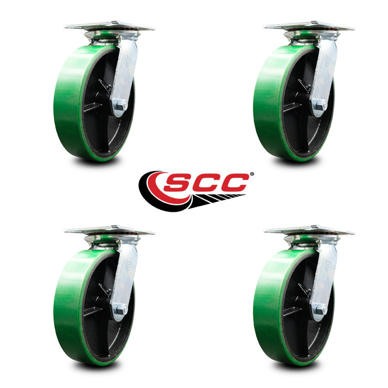 8 Inch Heavy Duty Poly on Cast Iron Caster Set with Ball Bearings Set of 4, Green