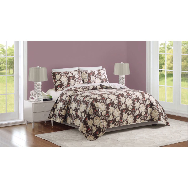 King Size Brown Cotton Floral Quilt Set with Shams