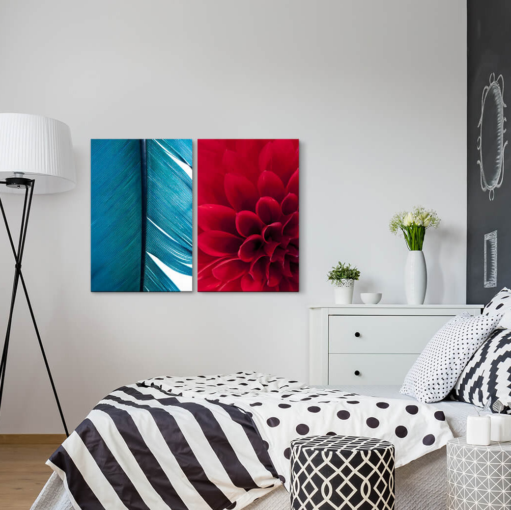 2-tlg. Leinwandbilder-Set - Fotografie „Dahlia Red Blossom Feather Turquoise Soft”