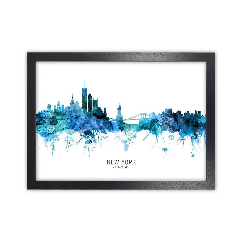 New York Skyline Blue City Name by Michael Tompsett - Print, Black Framed, 34cm H x 46cm W x 3cm D