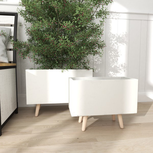 White Fiber Clay Rectangular Planters with Wood Legs, Set of 2