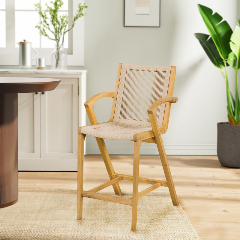 Litwin Upholstered Counter Stool with Solid Wood Frame, Beige, Beige