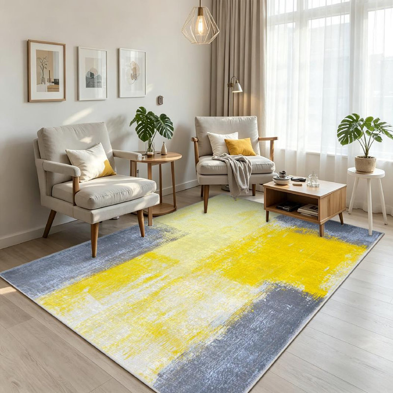 Clear Grey Yellow Abstract Art Painting Modern Machine Washable Indoor Area Rug, Rectangle 71" x 98"
