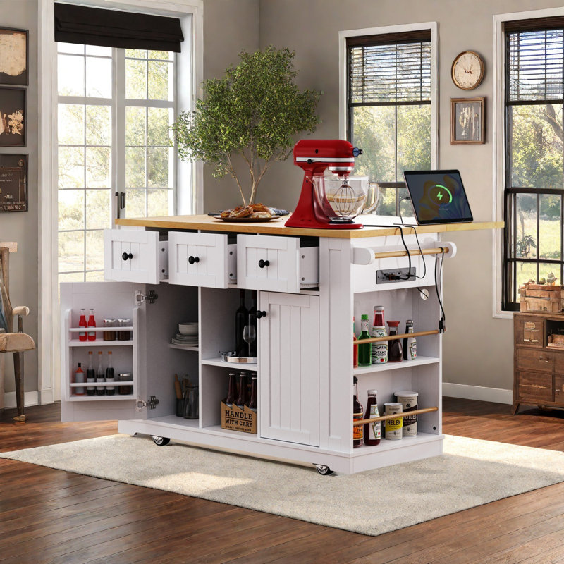 Grand îlot de cuisine de 53 po avec rallonge, prise de courant, rangement de porte et chariot de cuisine roulant, White