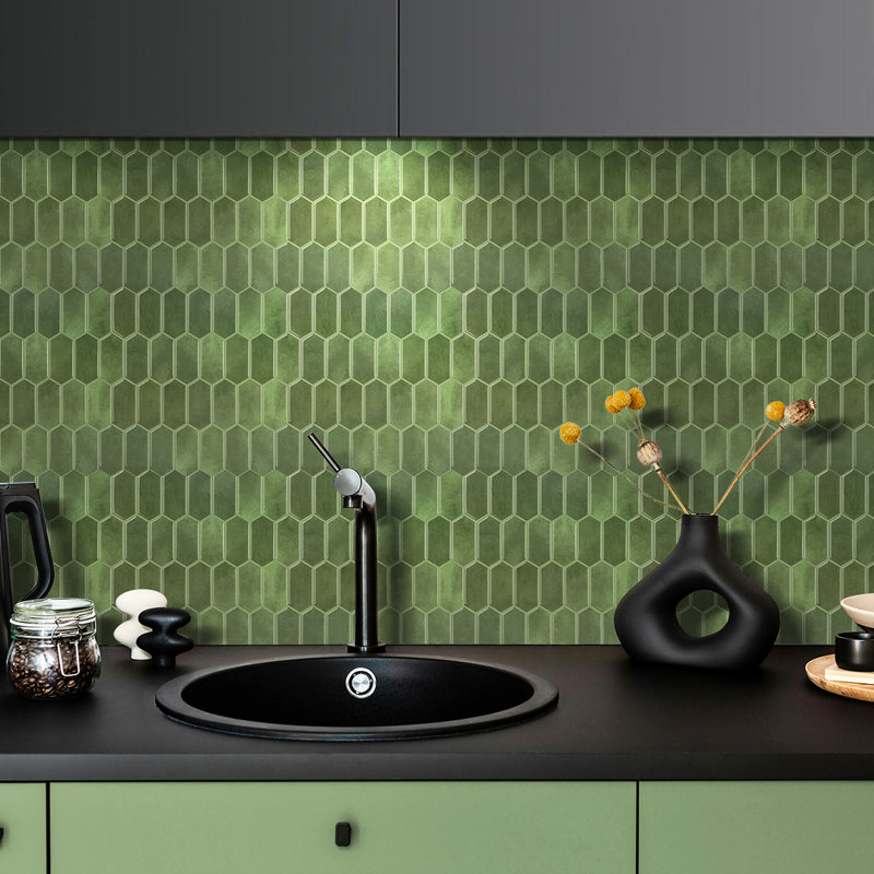 Green Peel And Stick Elongated Hex Backsplash Self-Adhesive Vinyl Wall Tile  (Set Of 10)