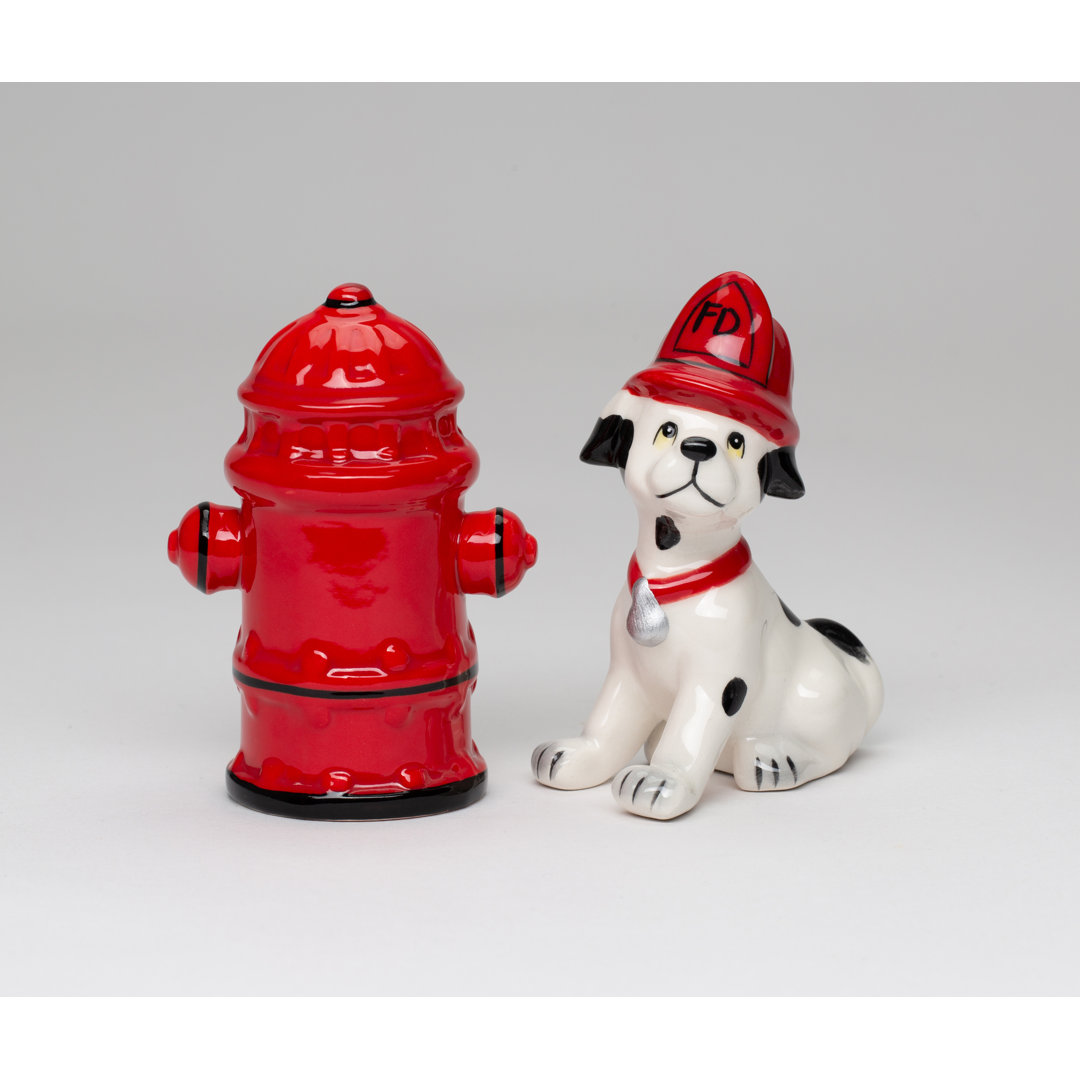 Cosmos Gifts Firefighter Dog with Fire Post 2-Piece Salt and Pepper Shaker Set Cosmos Gifts