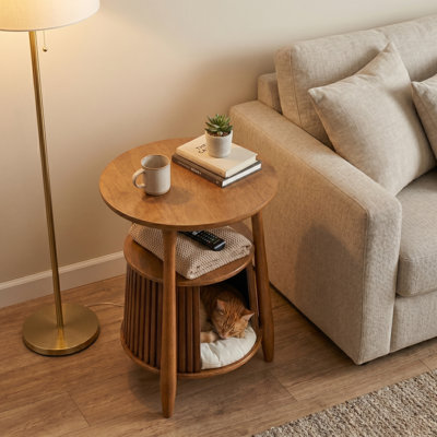 2-in-1 Cat House Natural Wood Round End Table