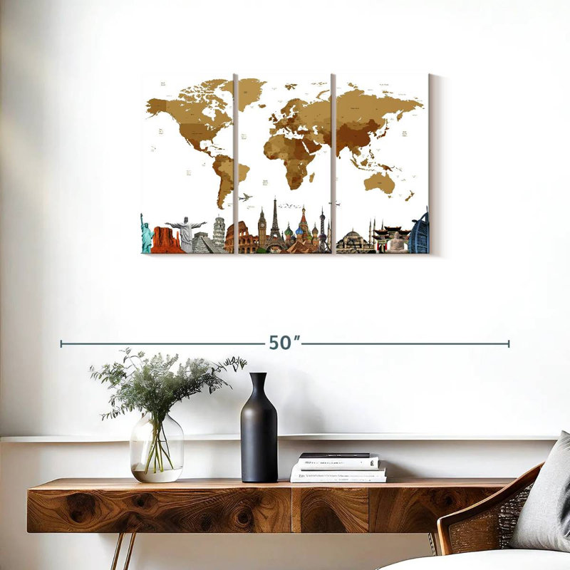 Carte du monde en bronze 3 pièces, H 20 po x l 33 po x P 1,25 po
