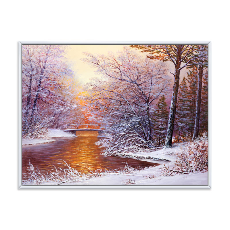 Forêt de Noël avec rivière et arbres II - peinture sur toile, H 30 po x l 40 po x 1,5 po, Cadre flottant blanc