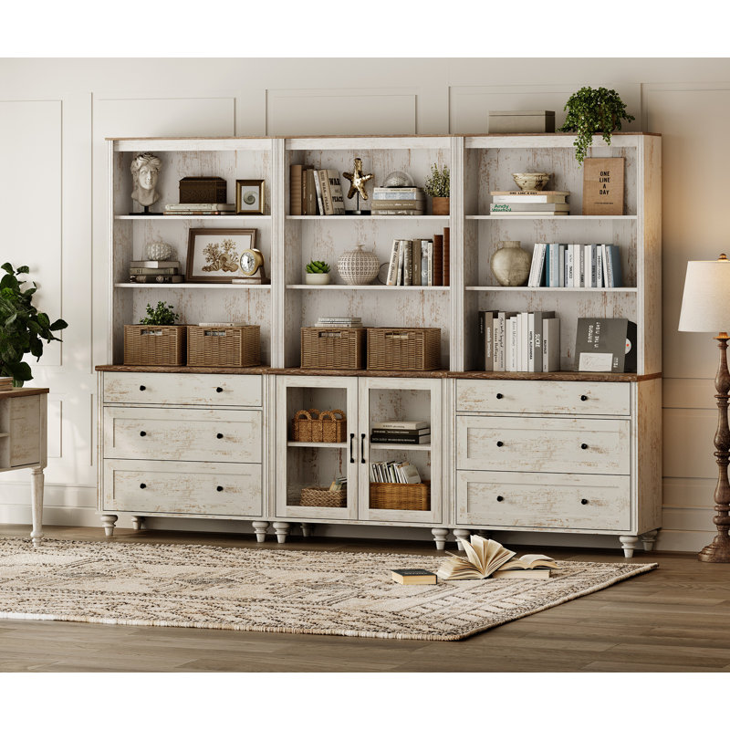 72.1"H X 101.6"W Bookcase With Drawers And Glass Doors, Tall Book Case With Open Book Shelfs, Large Wood Bookcases Farmhouse Bookshelves For Living Room Bedroom Home Office Kitchen, 72''