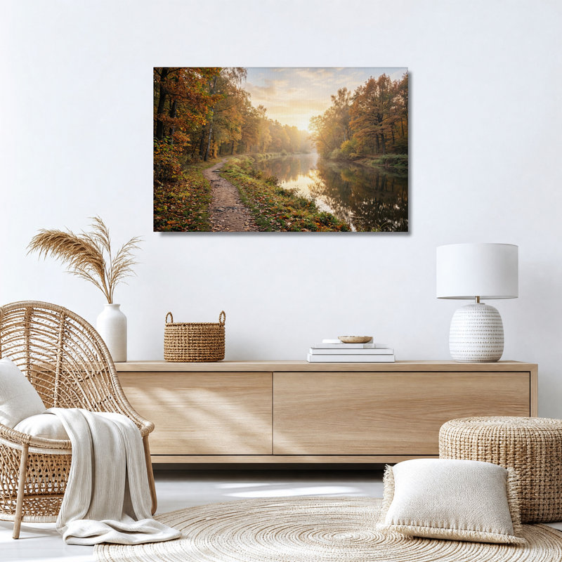 Chemin forestier d'automne le long de la rivière au coucher du soleil, tableau sur toile, H 12 po x l 18 po