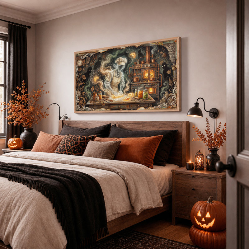 Boulanger fantôme pétrissant la pâte dans une cuisine steampunk - Toile murale d'Halloween