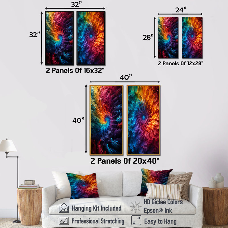 Colourful Space Fractal Spiral I - Ensemble de 2 décorations murales spirales abstraites, Toile tendue, H 28 po x l 25 po