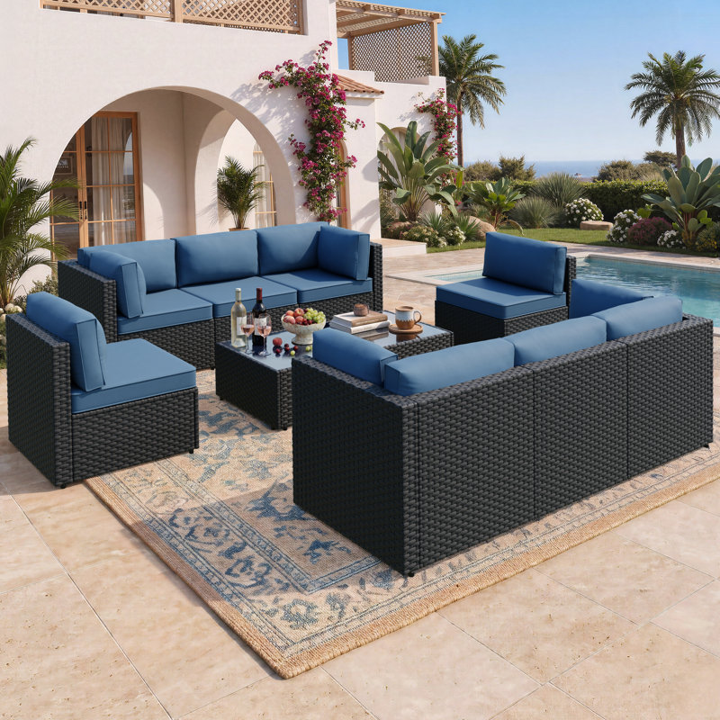 8-Person Outdoor Seating Group with Cushions, Navy, Black